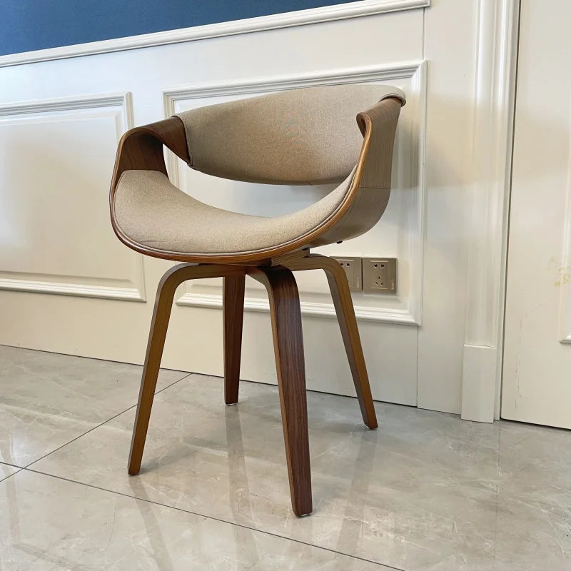 Mid Century Curved Back Dining Chair Armchair with Linen Fabric Upholstered Leisure Accent Chair with Wood Legs Walnut Finish