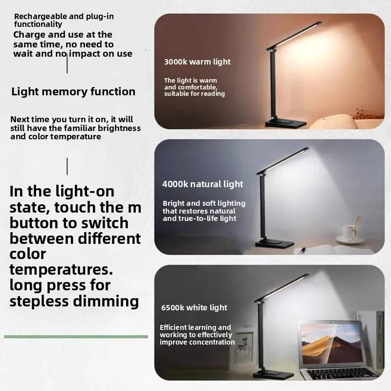 Eye Protection LED Desk Lamp - USB Rechargeable Dimmable Table Lamp for Student Reading Bedroom Bedside