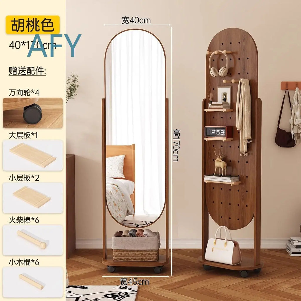 Premium Full Length Mirror with Clothing Rack and Pegboard Organizer Stand for Wardrobe Storage Rotating Casters Floor Mirror