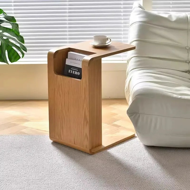 MOMO Nordic Solid Wood C-Shaped Sofa Side Table Wabi-Sabi Style Danish Designer Magazine Holder Modern Small Cabinet
