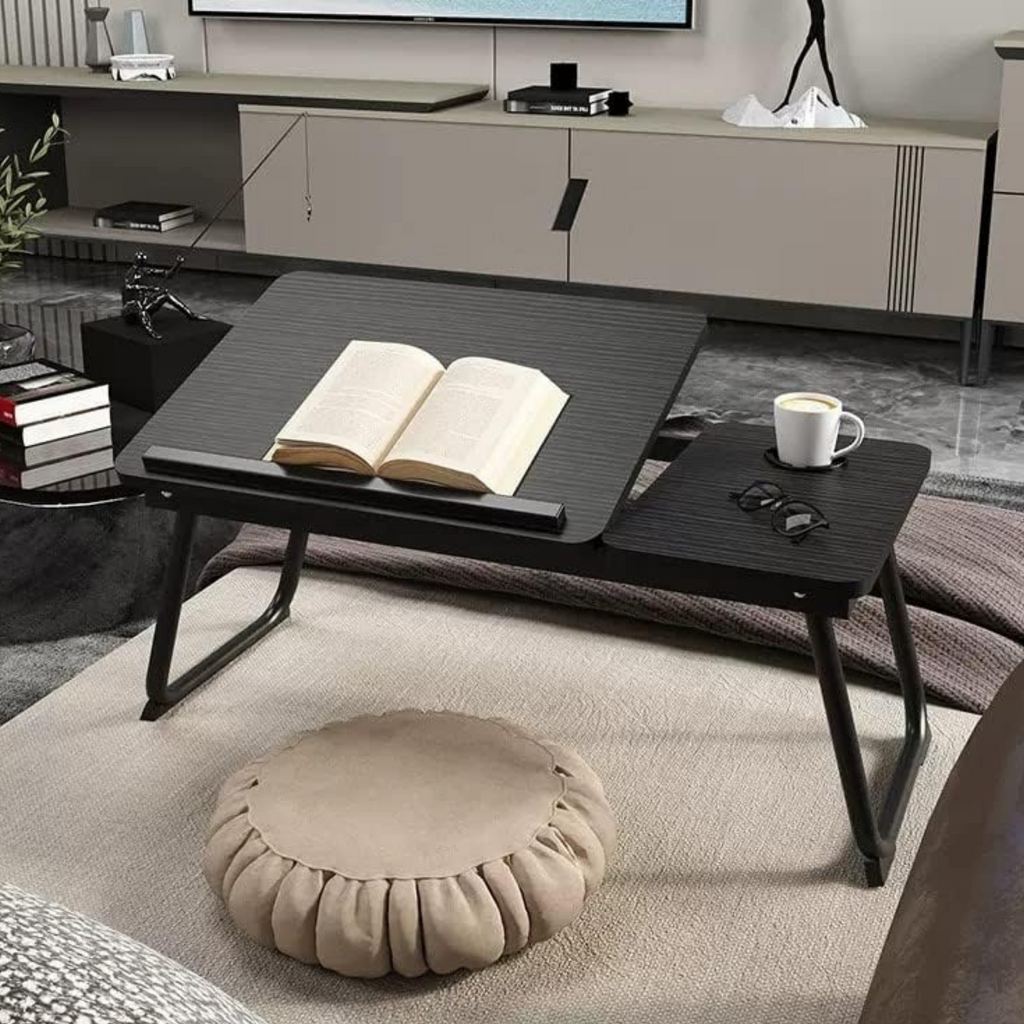 Foldable laptop desk with angled tabletop and cup holder