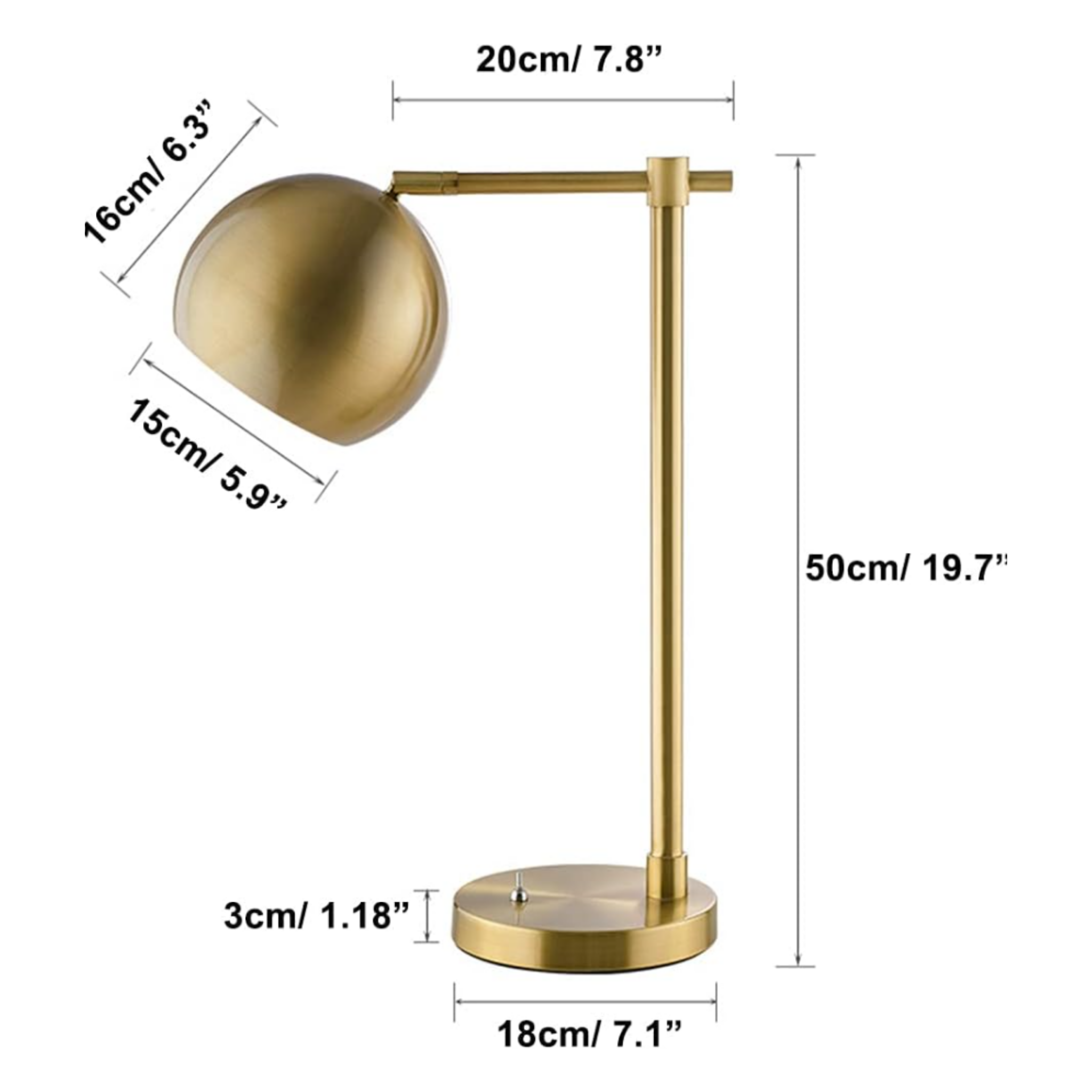 Dimensions of the adjustable iron desk lamp