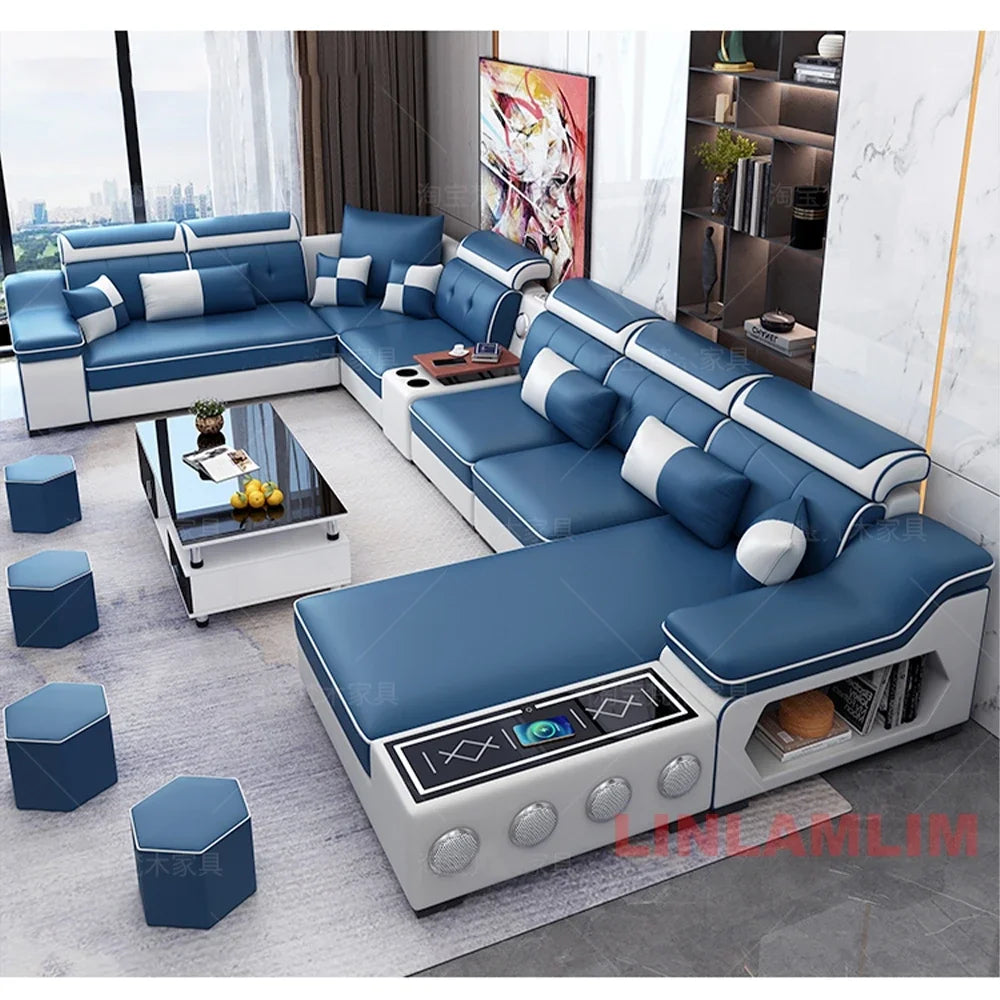 Modern Scientific Fabric Sectional Sofa Set with Chaise Lounge, Bluetooth Speakers, USB Charging Ports for Living Room