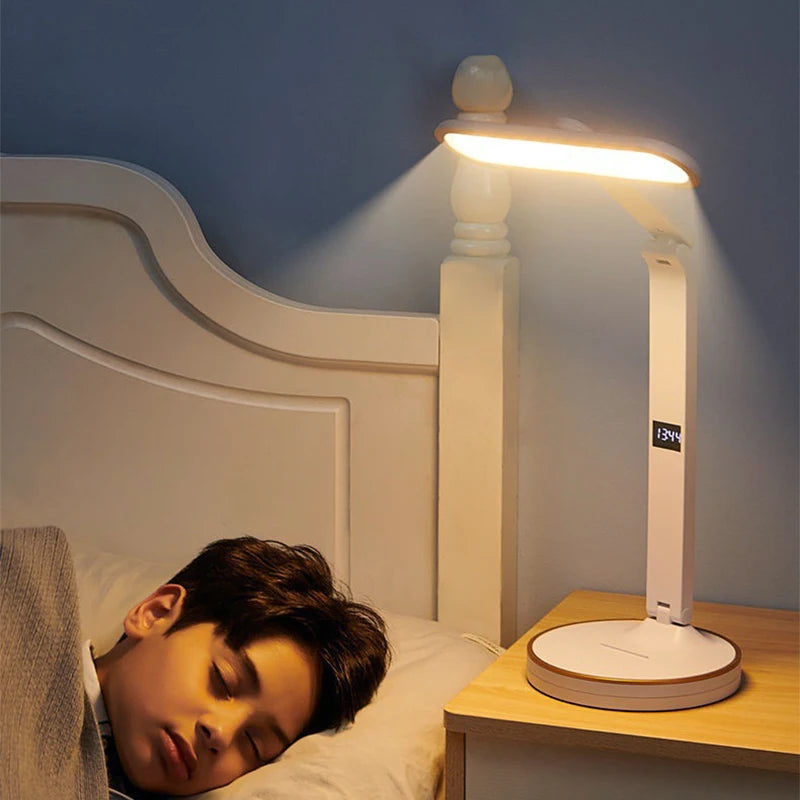LED Clock Table Lamp USB Chargeable Dimmable Desk Lamp Plug-In LED Light Foldable Eye Protection Reading Night Light