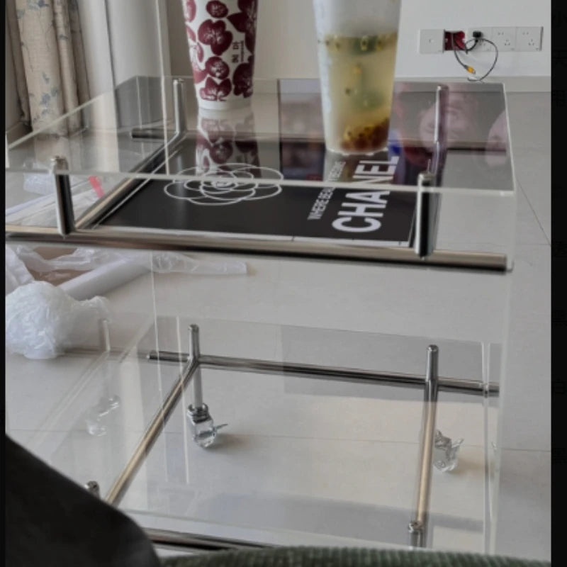 Acrylic 2-Tier Rolling Side Table, Mobile Storage Cart for Couch, Small Space-Saving Coffee Table with Wheels, Clear for Home