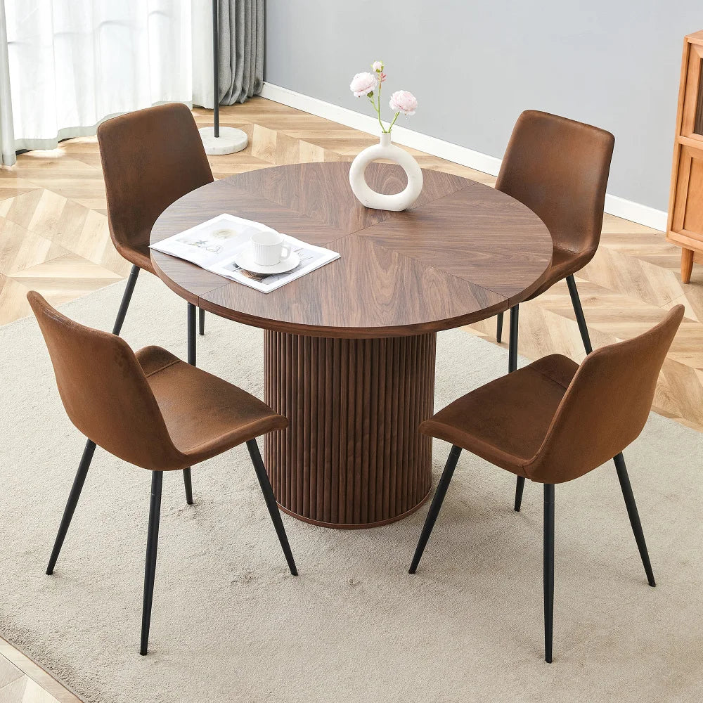 Minimalist Light Wood round Dining Table Set 100 Cm MDF Table with 4 Grey Synthetic Leather Wide Seat Chairs for Modern Home