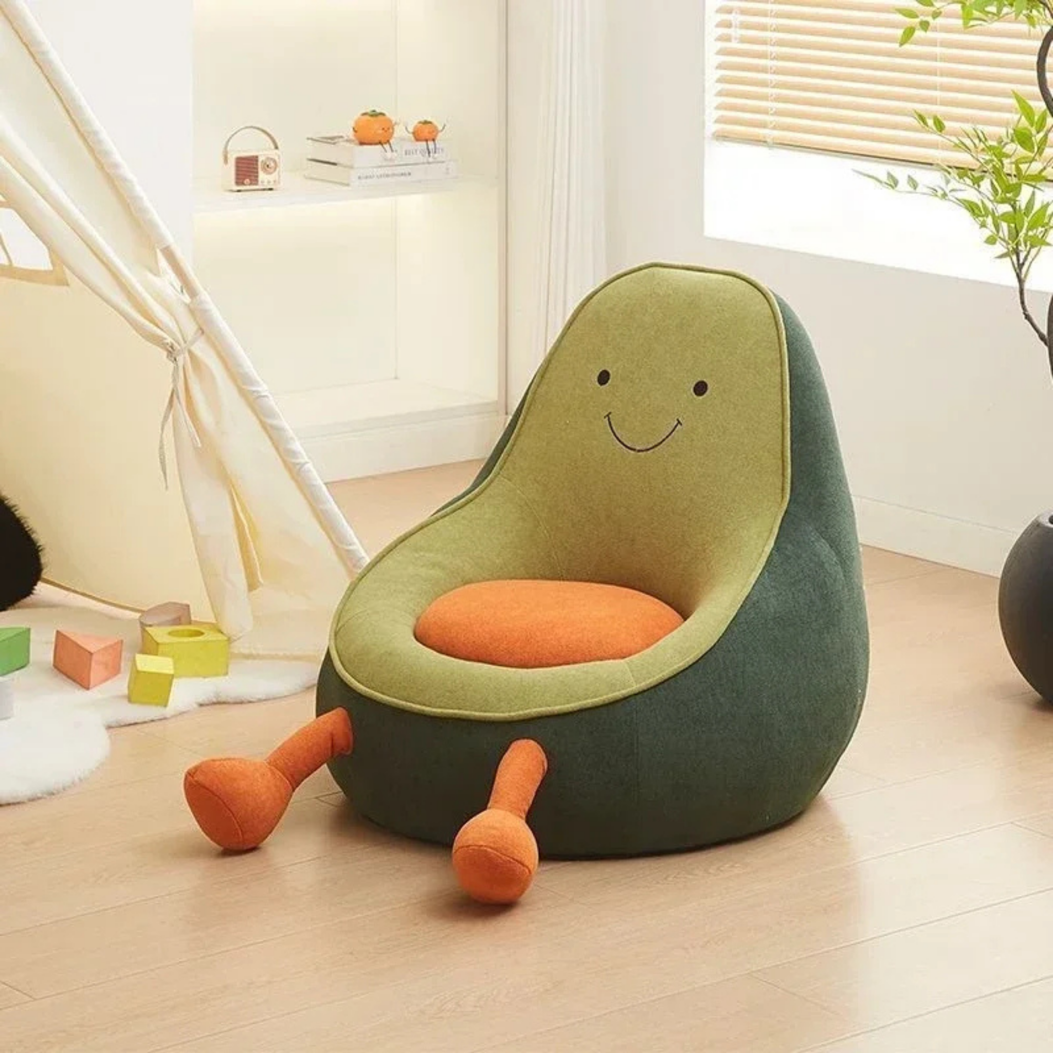 Avocado shaped chair in kids bedroom
