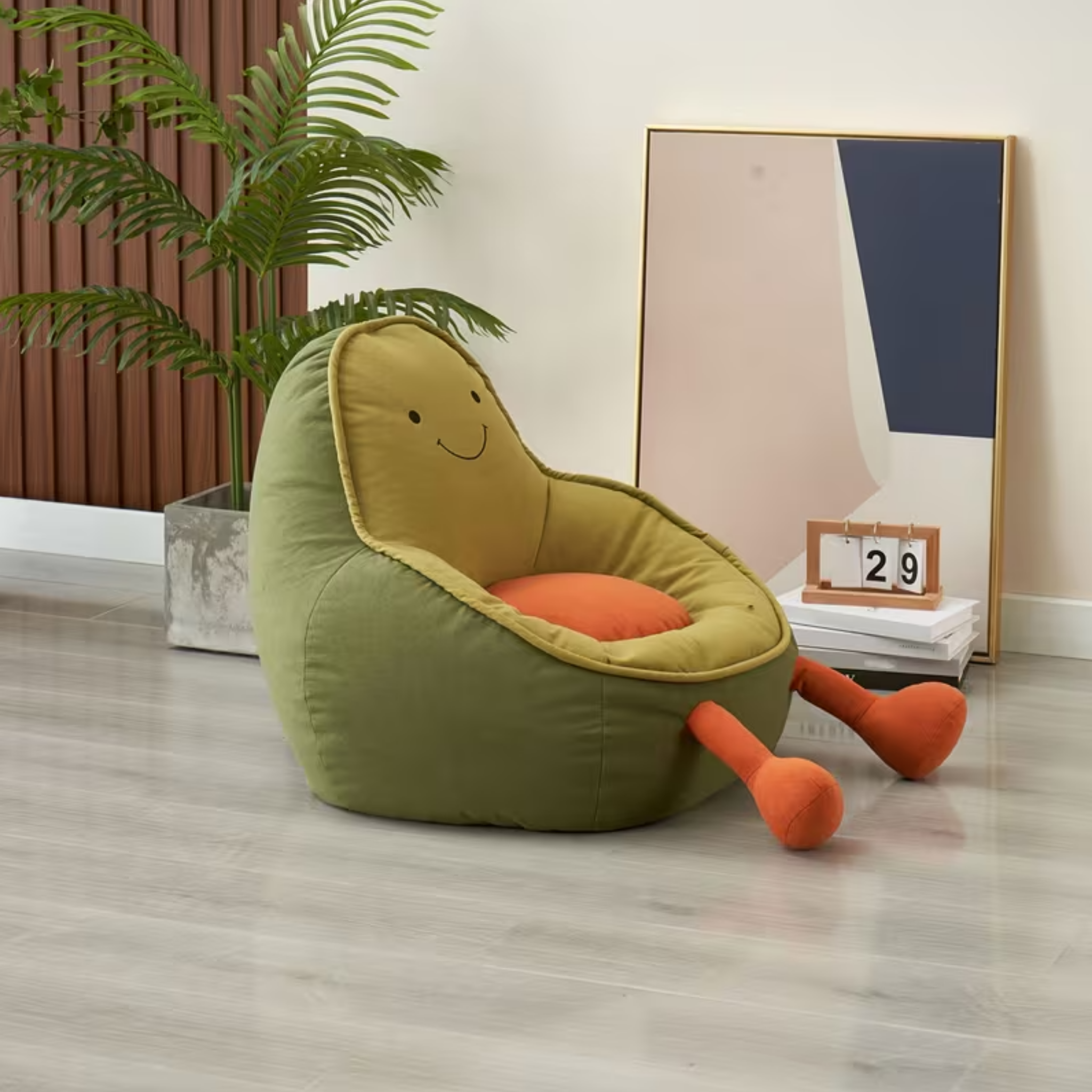 Side view of avocado shaped kids lounge chair