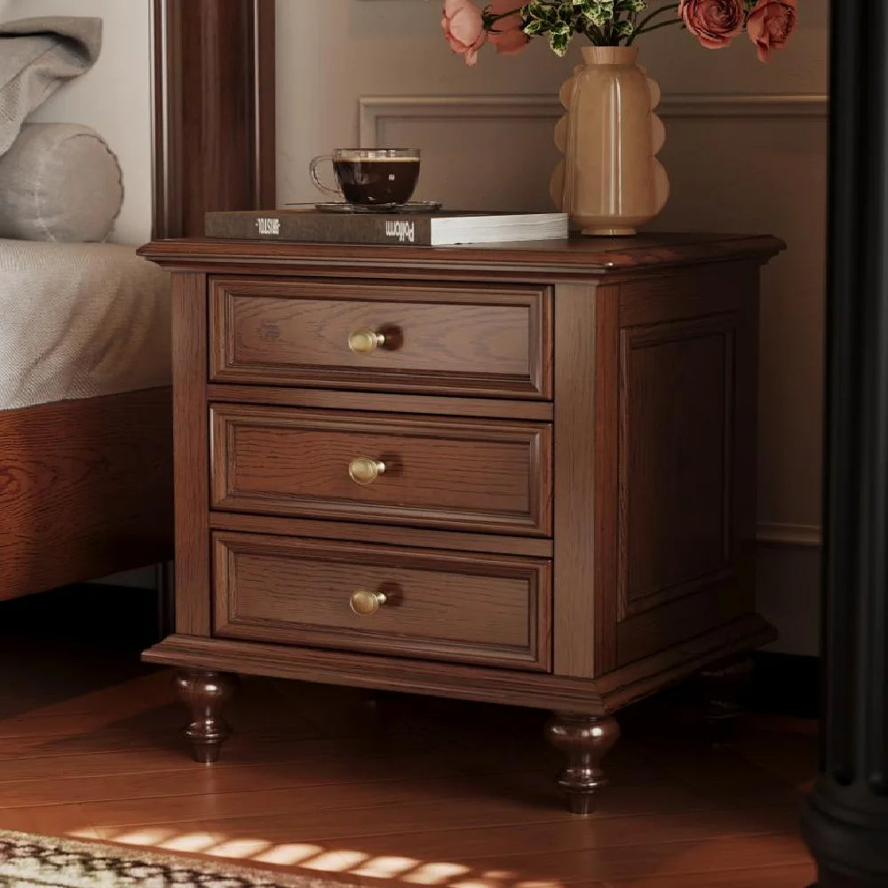 Premium Brown Oak Nightstand Modern Minimalist Style Stainless Steel Legs Drawer Storage Custom Furniture Option