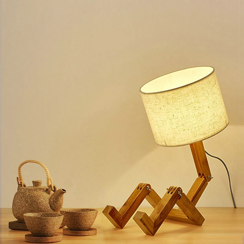 Modern Cloth Art Wood Desk Table Lamp Robot Shape Wooden Table Lamp Decor Luminaires Parlor Study Bedroom Night Light