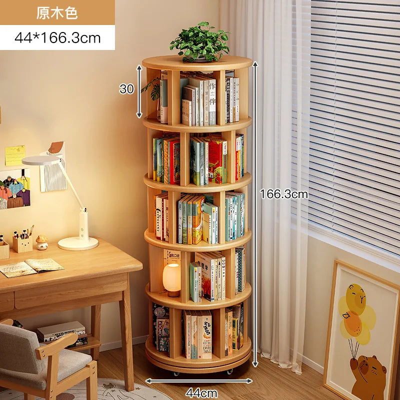 Solid Wood Rotating Bookshelf 360 Degree Floor-Standing Bookcase Storage Rack Movable Corner Children'S Small Narrow Cabinet