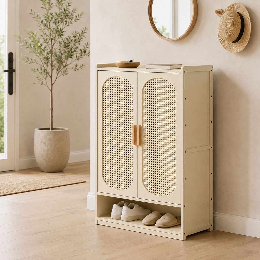 Bamboo rattan shoe cabinet with multi-tier storage shelves for organizing footwear in an entryway, hallway, or foyer.