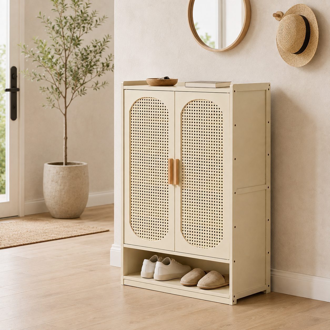 Bamboo rattan shoe cabinet with multi-tier storage shelves for organizing footwear in an entryway, hallway, or foyer.