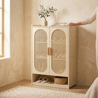 Bamboo rattan shoe cabinet with multi-tier storage shelves for organizing footwear in an entryway, hallway, or foyer.