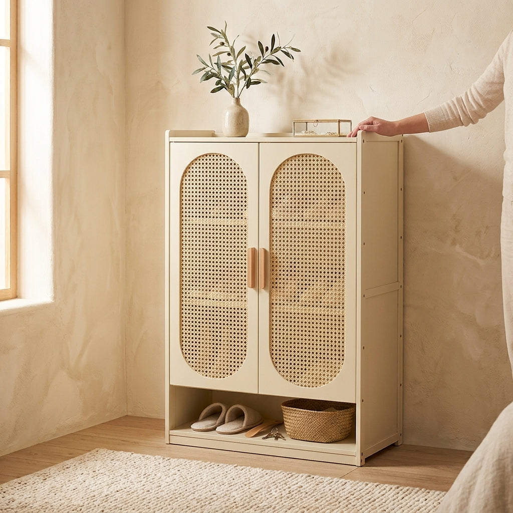 Bamboo rattan shoe cabinet with multi-tier storage shelves for organizing footwear in an entryway, hallway, or foyer.