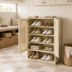 Bamboo rattan shoe cabinet with multi-tier storage shelves for organizing footwear in an entryway, hallway, or foyer.
