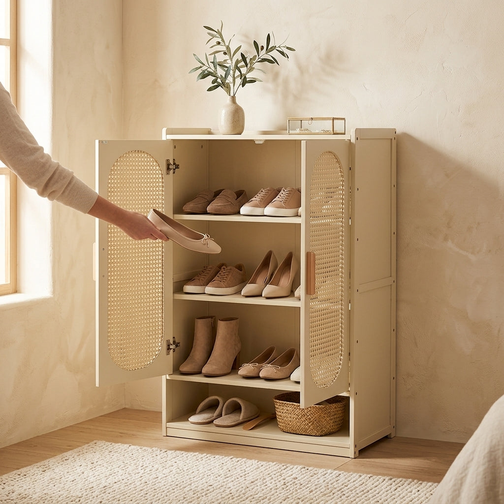 Bamboo rattan shoe cabinet with multi-tier storage shelves for organizing footwear in an entryway, hallway, or foyer.