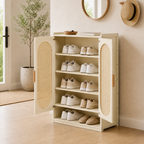Bamboo rattan shoe cabinet with multi-tier storage shelves for organizing footwear in an entryway, hallway, or foyer.