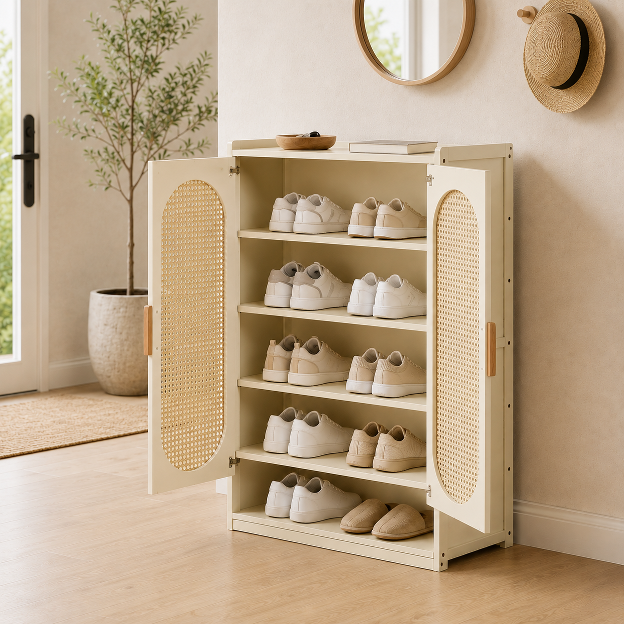 Bamboo rattan shoe cabinet with multi-tier storage shelves for organizing footwear in an entryway, hallway, or foyer.