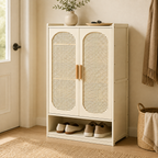 Bamboo rattan shoe cabinet with multi-tier storage shelves for organizing footwear in an entryway, hallway, or foyer.