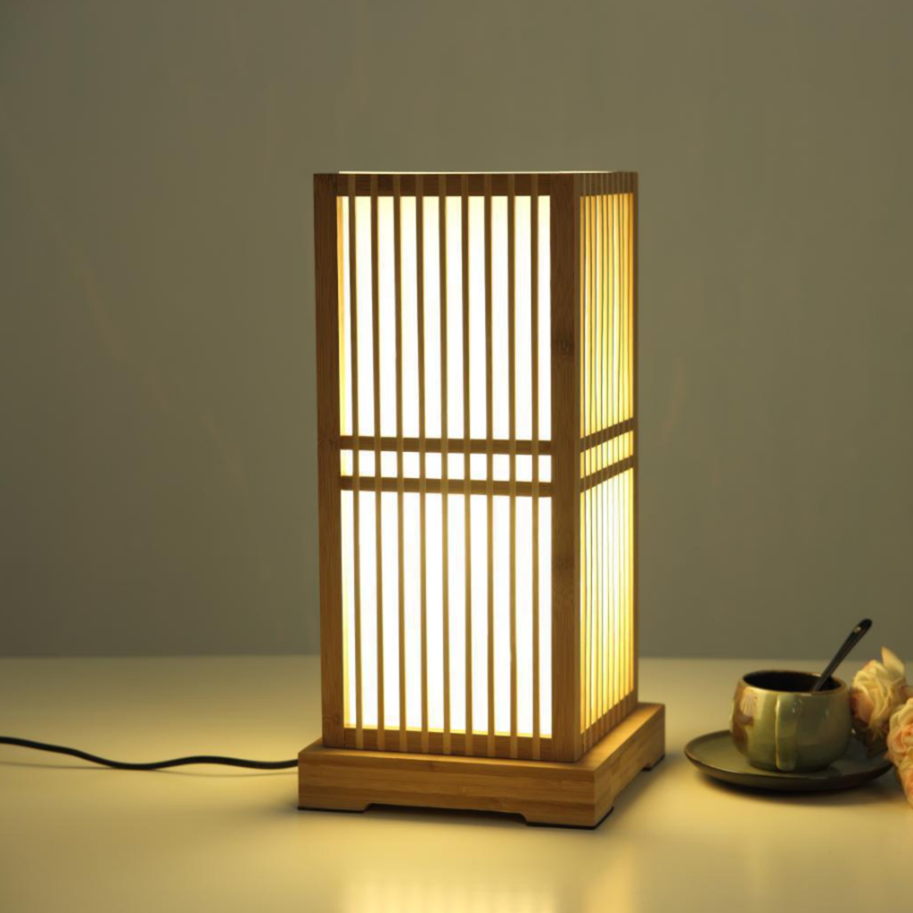 Front view of Japanese Zen bamboo table lamp