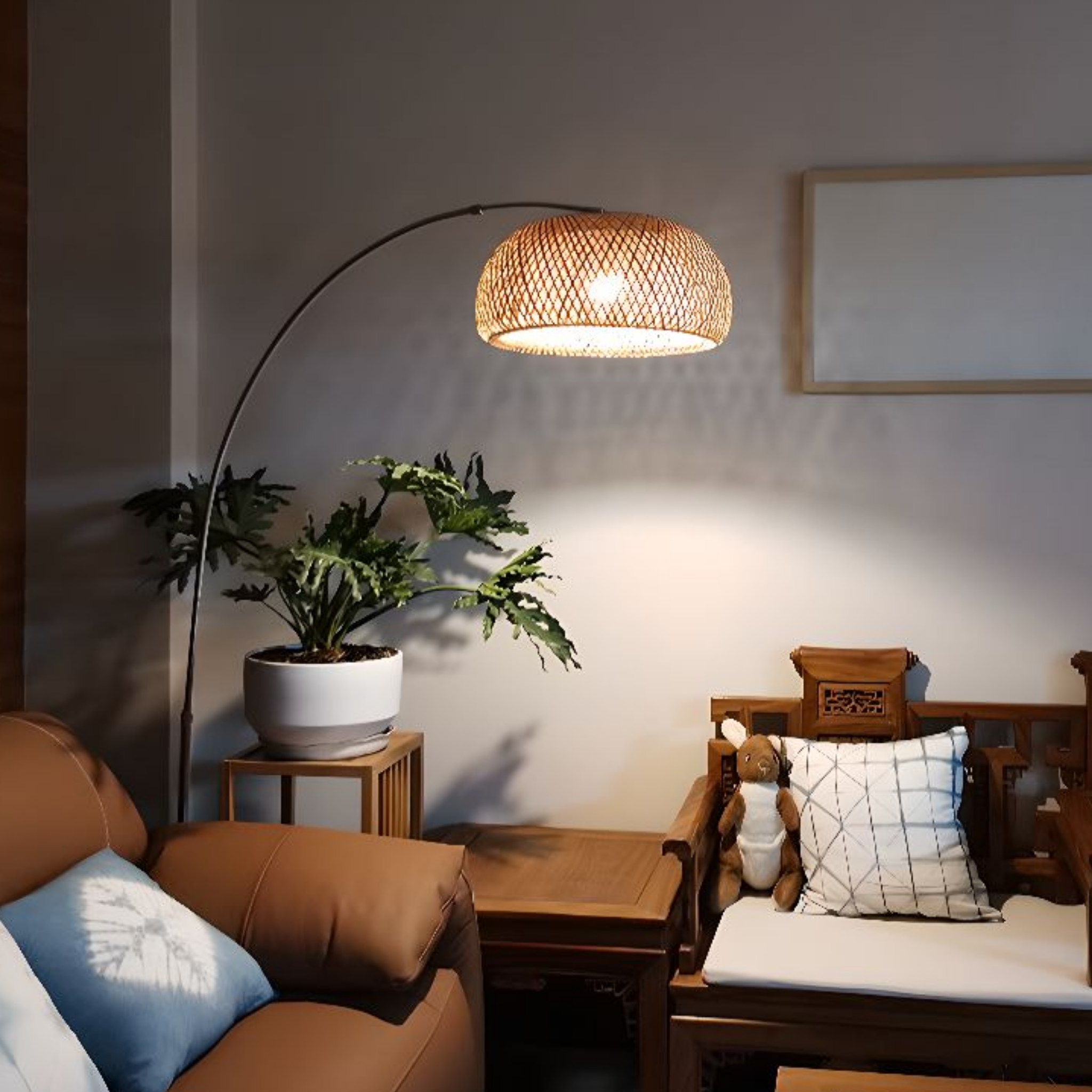 Bamboo woven fishing rod floor lamp in a bedroom