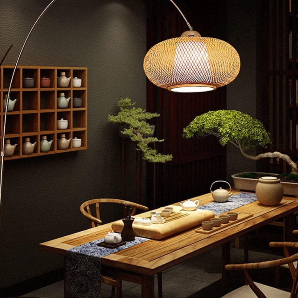 Bamboo woven fishing rod floor lamp in a Japandi interior