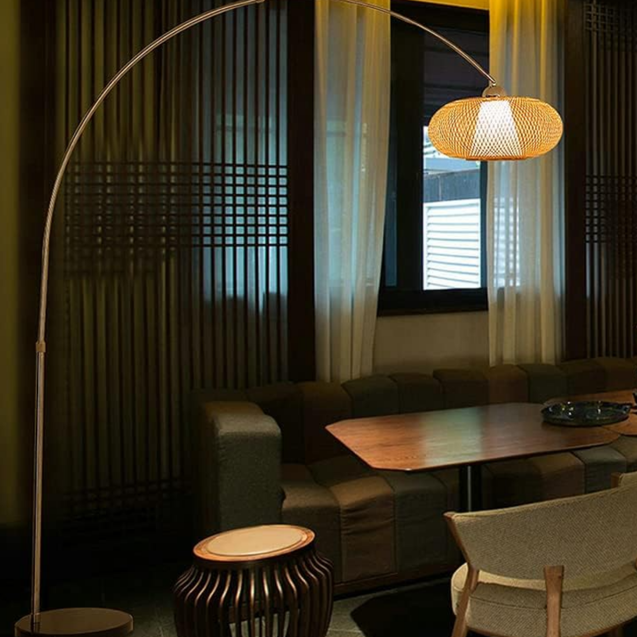 Bamboo woven fishing rod floor lamp in a tea room