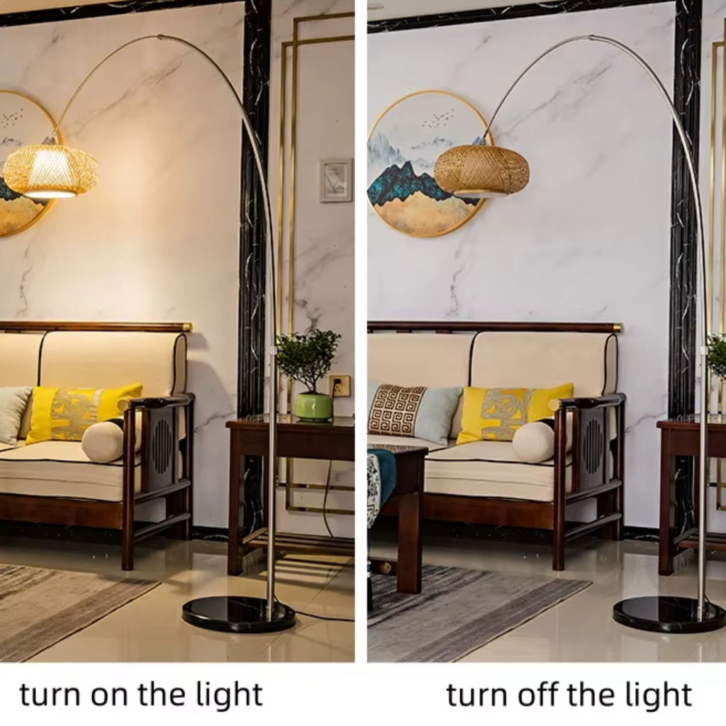Bamboo woven fishing rod floor lamp turned off