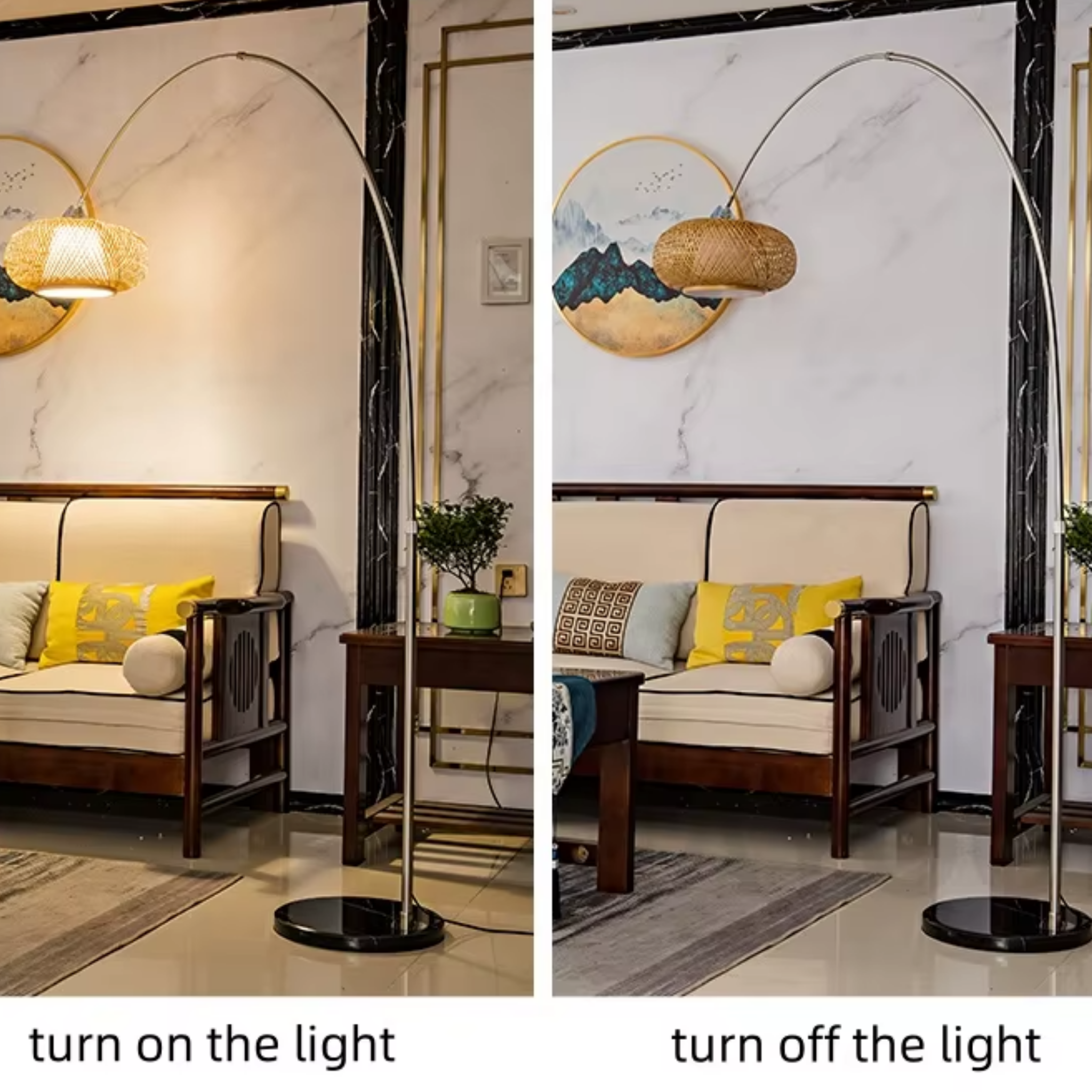 Bamboo woven fishing rod floor lamp turned off