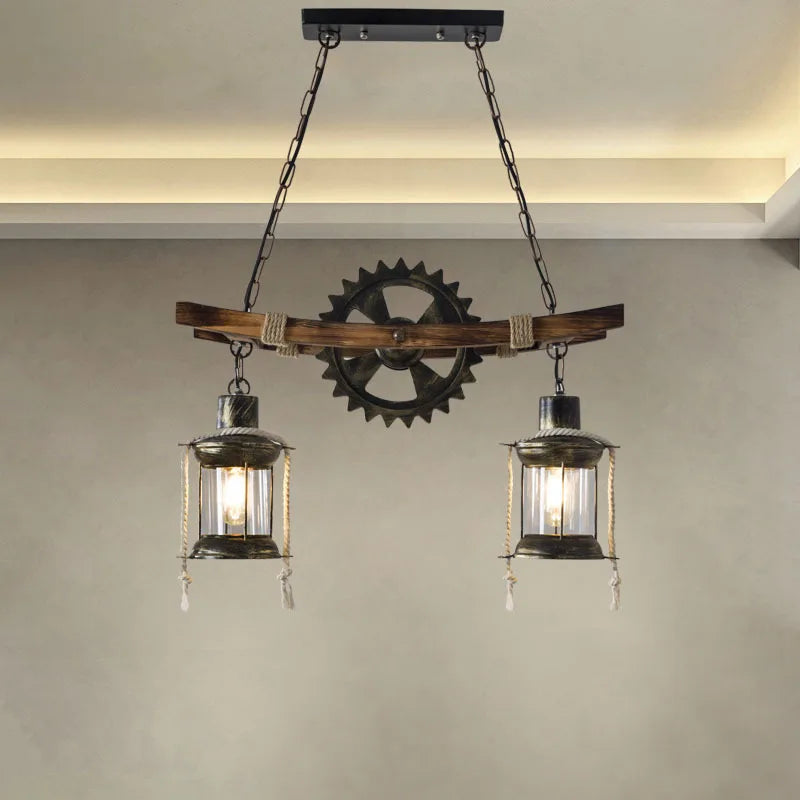 Double Headed Restaurant Vintage Chandelier Retro Cafe Bar Wooden Loft Pendant Lamp Creativity Gear Glass Pendant Light