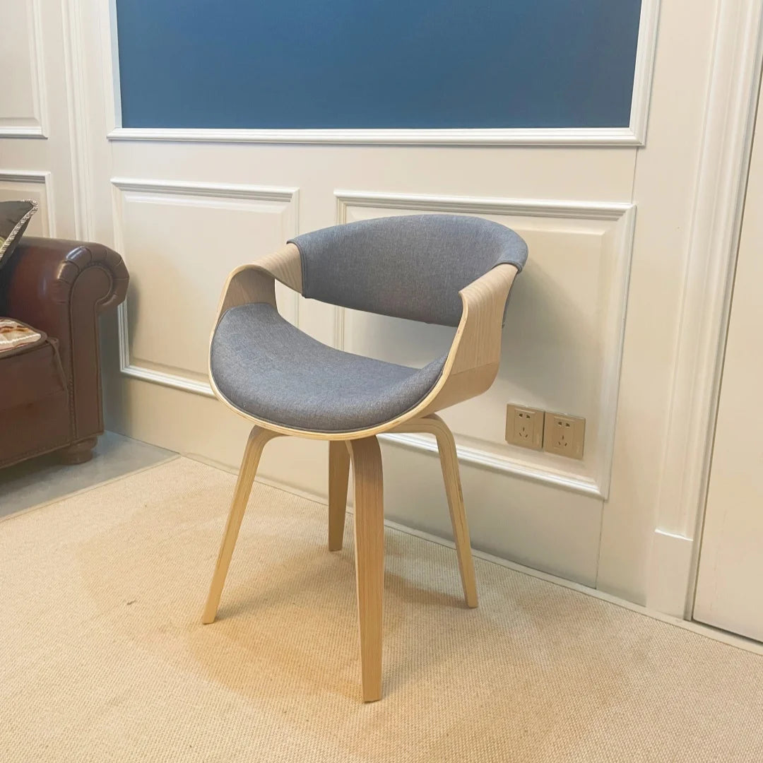 Mid Century Curved Back Dining Chair Armchair with Linen Fabric Upholstered Leisure Accent Chair with Wood Legs Walnut Finish