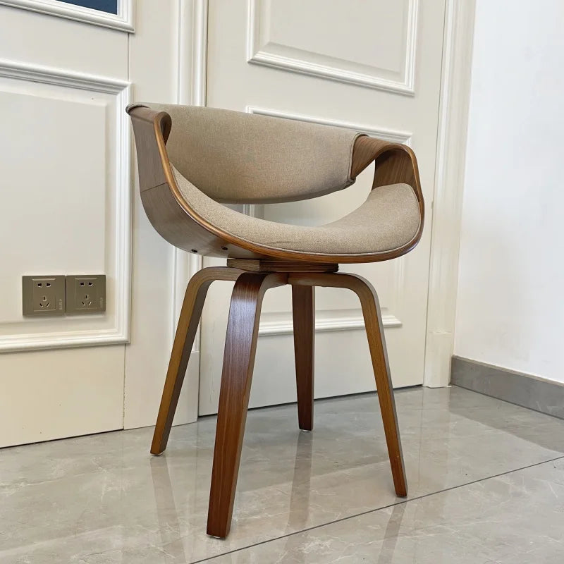 Mid Century Curved Back Dining Chair Armchair with Linen Fabric Upholstered Leisure Accent Chair with Wood Legs Walnut Finish