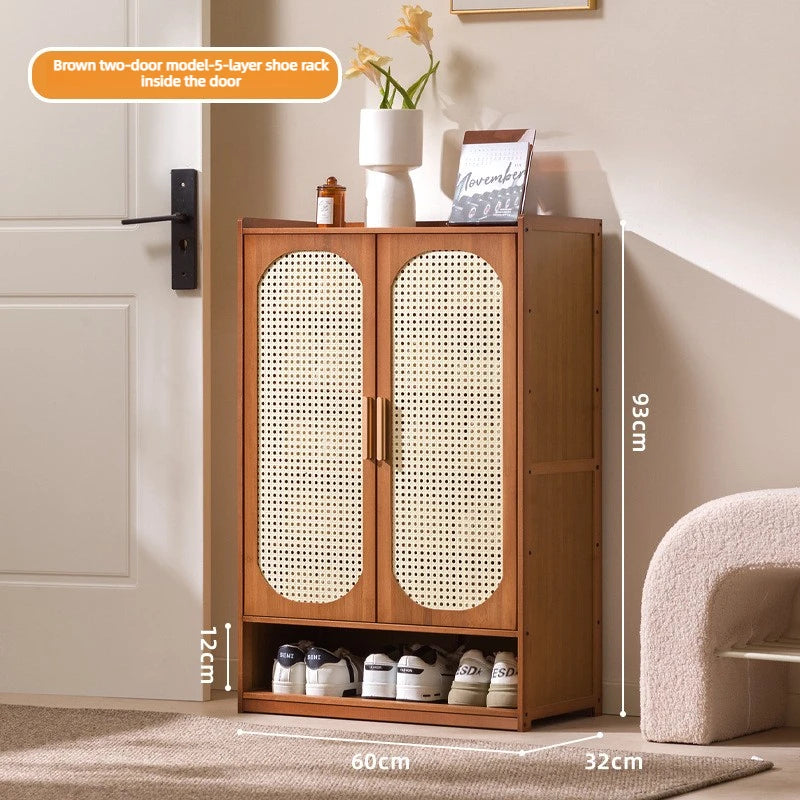 Multi Layer Bamboo Antique Style Shoe Cabinet, Rattan Breathable Shoe Cabinet, Living Room Kitchen Dining Room Storage Cabinet