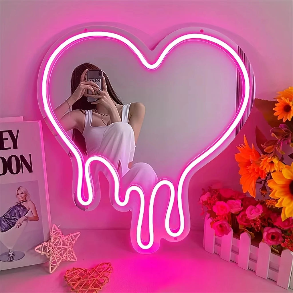 Melting Heart Mirror Neon Sign USB Dimmable LED Neon Lights for Home Bedroom Girl'S Room Party Studio Shop Decor Birthday Gift