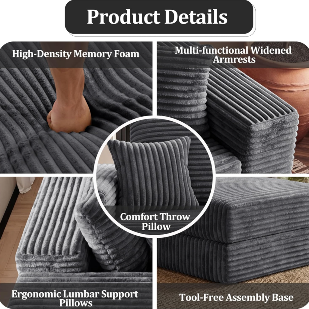Close-up of black corduroy sectional sofa fabric