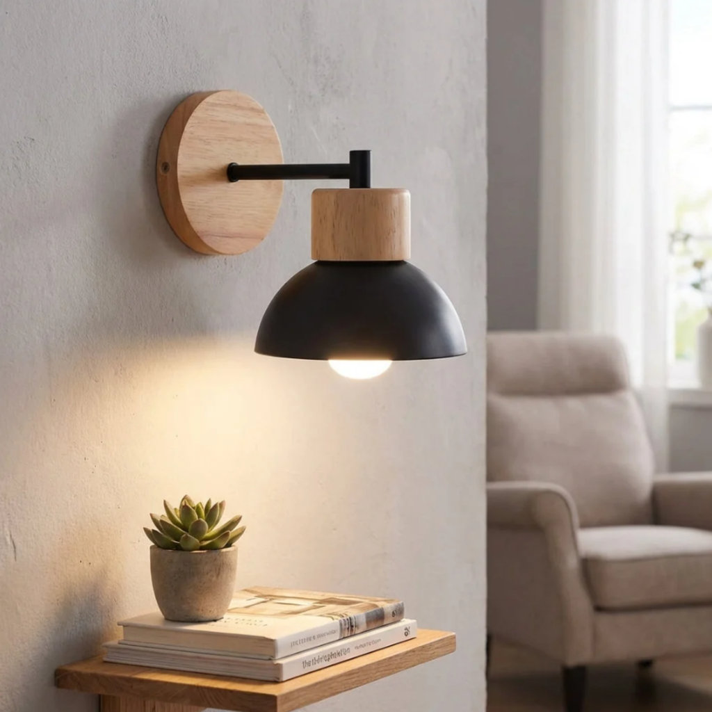 Modern Nordic wood and metal wall sconce in a living room
