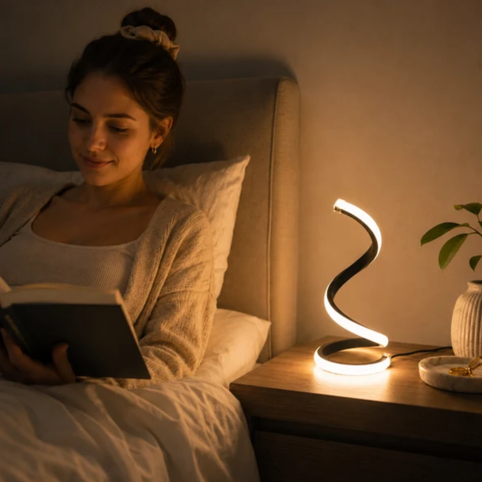 Womn reading near snake shape LED table lamp