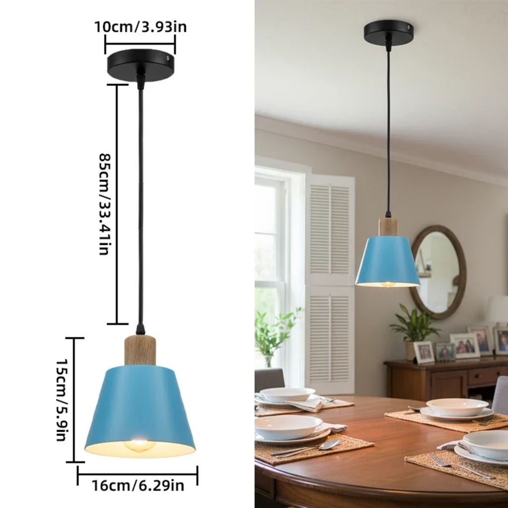 Blue vintage wood and iron pendant light with cone shade