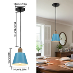 Blue vintage wood and iron pendant light with cone shade