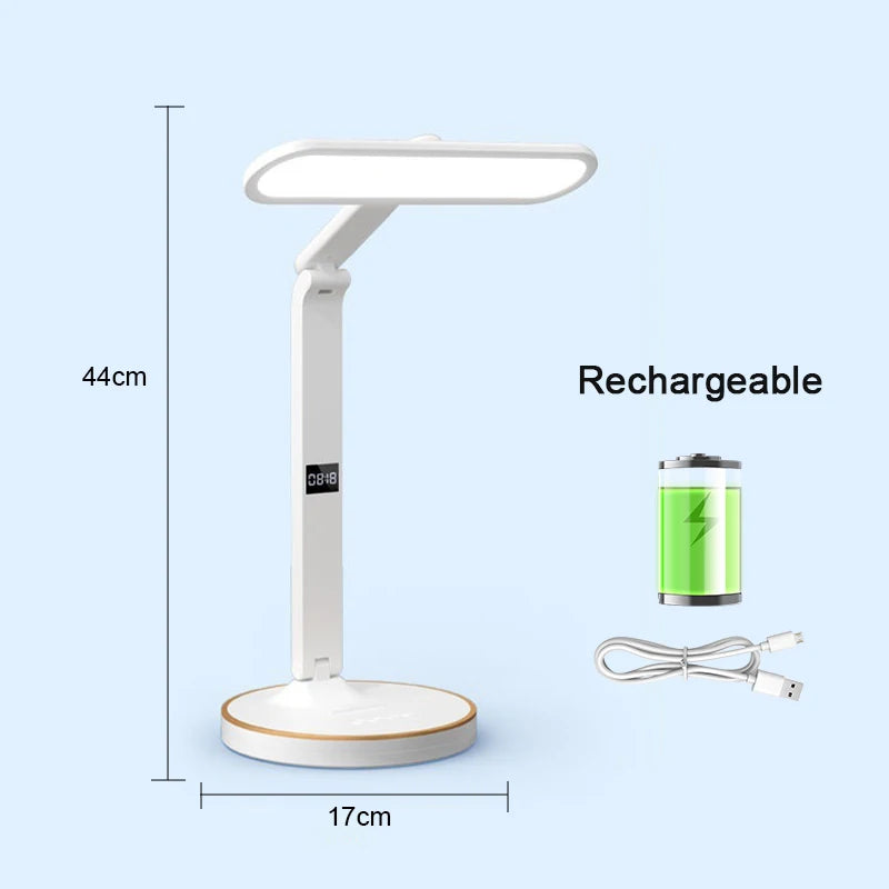 LED Clock Table Lamp USB Chargeable Dimmable Desk Lamp Plug-In LED Light Foldable Eye Protection Reading Night Light