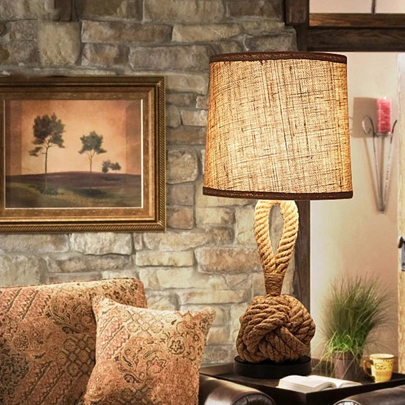Vintage Hemp Rope Table Lamp E27 Night Table Lamps for Living Room Bedroom Study Desk Decor Industrial Iron Home Bedside Lamp