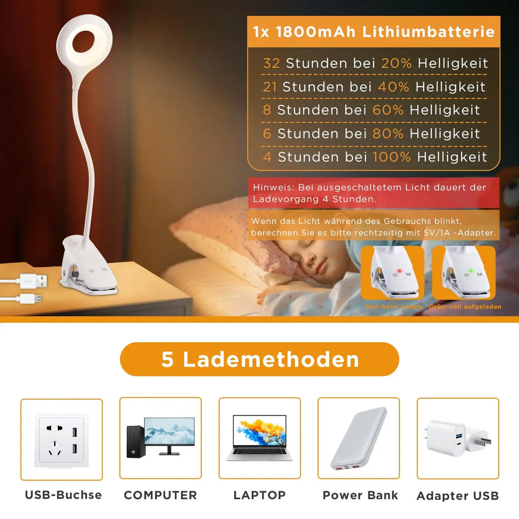 Portable Desk Lamp Rechargeable Reading Light Eye Protect Book Light LED USB Reading Lamp Touch Control Clip Table Desk Lamp