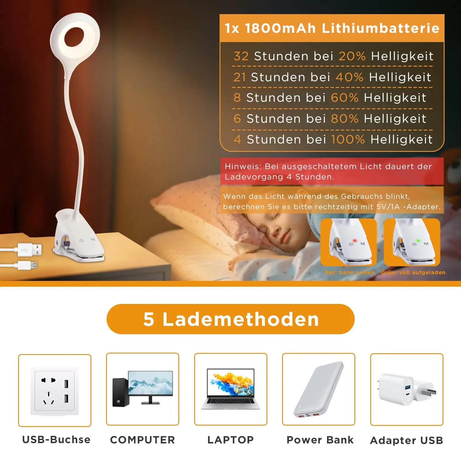 Portable Desk Lamp Rechargeable Reading Light Eye Protect Book Light LED USB Reading Lamp Touch Control Clip Table Desk Lamp