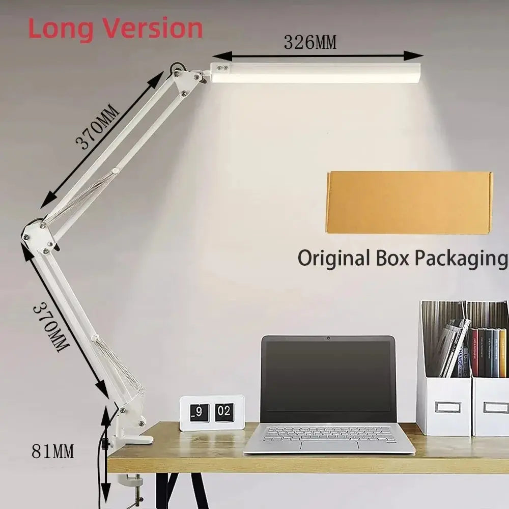 LED Folding Metal Desk Lamp Clip on Light Clamp Long Arm Diming Table Lamp 3 Colors Adjustable for Living Room Reading Computers