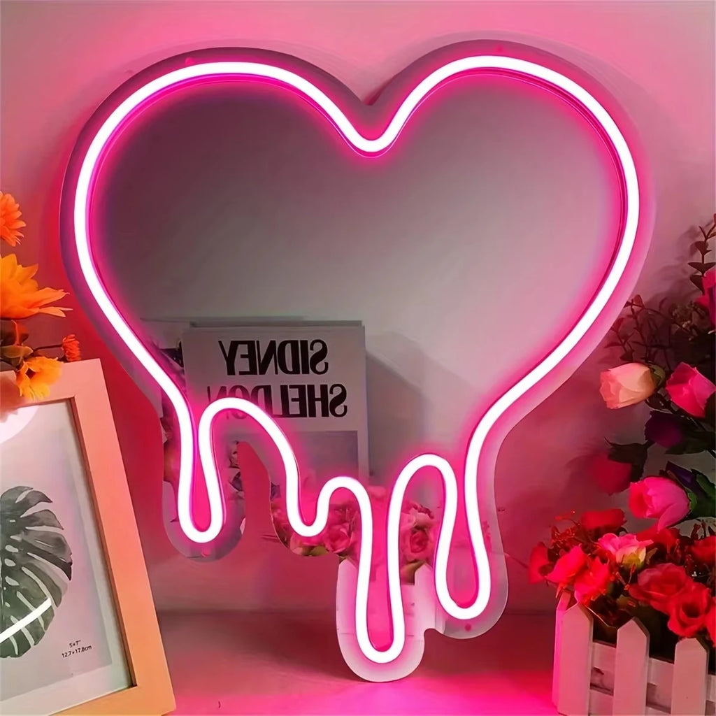 Melting Heart Mirror Neon Sign USB Dimmable LED Neon Lights for Home Bedroom Girl'S Room Party Studio Shop Decor Birthday Gift