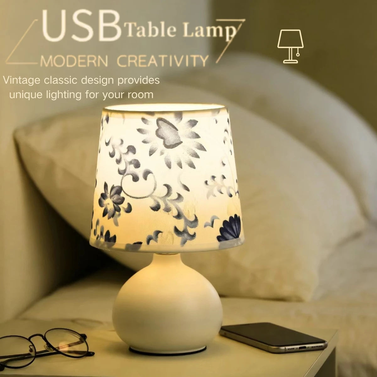 USB Bedroom Bedside Minimalist Creative Desk Lamp Equipped with Floral Fabric Lampshade Suitable for Readingbedroomliving Room