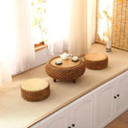 Handcrafted round Rattan Coffee Table Japanese Floor Tea Table for Living Room Bay Window Balcony or Small Spaces Natural Finish