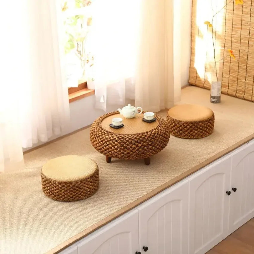Handcrafted round Rattan Coffee Table Japanese Floor Tea Table for Living Room Bay Window Balcony or Small Spaces Natural Finish