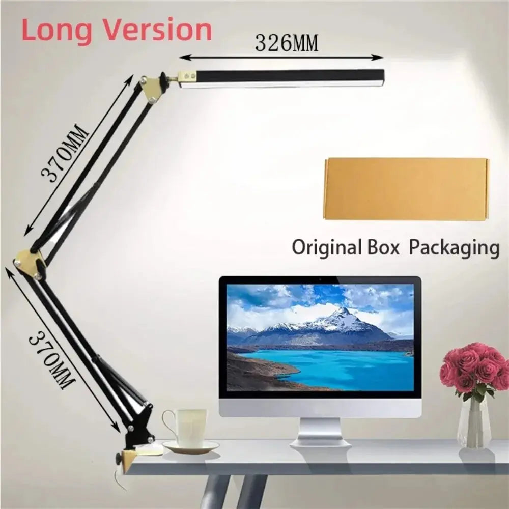 LED Folding Metal Desk Lamp Clip on Light Clamp Long Arm Diming Table Lamp 3 Colors Adjustable for Living Room Reading Computers
